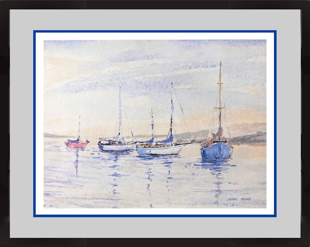 James Ferrie artwork, early morning. Singapore scenes. boat, yacht and sea